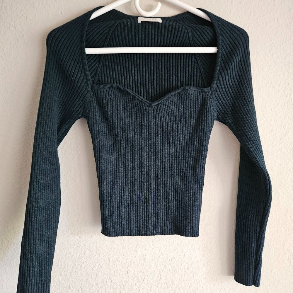 Lovet Dark Green Sweetheart Ribbed Knit Sculpt Longsleeve Pullover Sweater Large